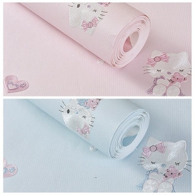 温馨3D儿童精压墙纸 卧室酒店主题房服装店 简约现代KT猫卡通壁纸