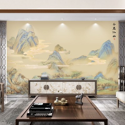 3D新中式千里江山图壁纸清明上河图背景餐厅饭店壁画茶室壁布墙纸图2