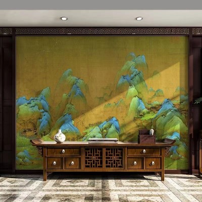 3D新中式千里江山图壁纸清明上河图背景餐厅饭店壁画茶室壁布墙纸图3
