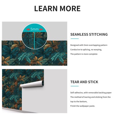 北欧风无缝拼接厨房客厅自粘墙纸防水防潮磨砂pvc植物壁纸墙贴图3