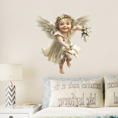 耶稣新款天使女宝宝捧花装饰墙贴客厅卧室玄关自粘pvc材质贴纸图3