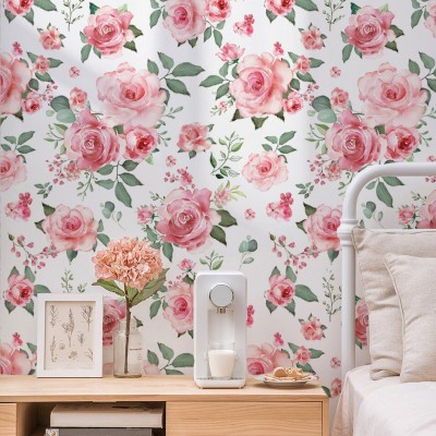 ATW2039清新温馨粉色玫瑰墙贴壁纸客厅卧室背景装饰墙贴自粘墙纸