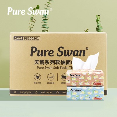 PureSwan 15*19cm 3层100抽木浆抽纸 细腻柔软 软抽现货一箱36包