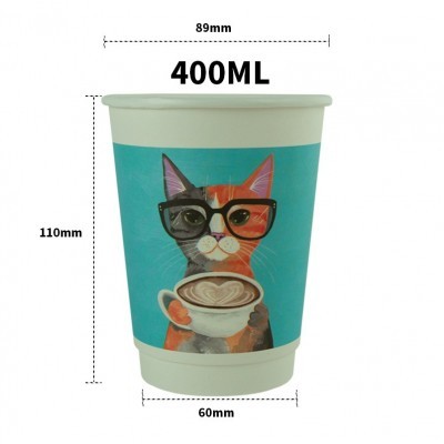 百旺一次性咖啡纸杯热饮卡通双层加厚带盖奶茶外带打包杯子咖啡杯