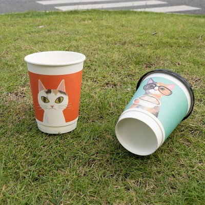 百旺一次性咖啡纸杯热饮卡通双层加厚带盖奶茶外带打包杯子咖啡杯图3