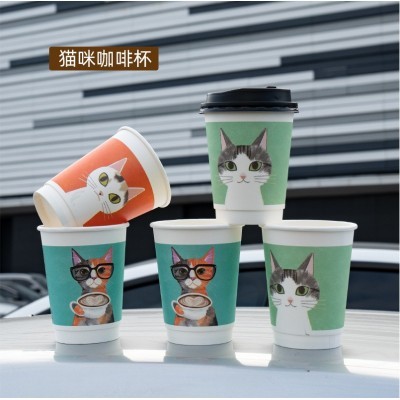 百旺一次性咖啡纸杯热饮卡通双层加厚带盖奶茶外带打包杯子咖啡杯图2