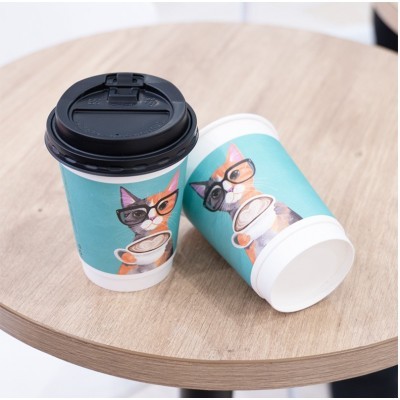 百旺一次性咖啡纸杯热饮卡通双层加厚带盖奶茶外带打包杯子咖啡杯图4