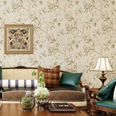 美式复古苹果树花鸟墙纸墨绿色咖色卧室客厅背景无纺布田园壁纸图2