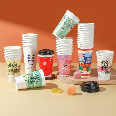 批发国潮一次性奶茶杯带盖咖啡杯外卖打包网红奶茶纸杯定 制