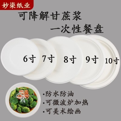 一次性甘蔗浆纸盘批发纸碟子6寸7寸8寸9寸10圆盘手工绘画盘幼儿园