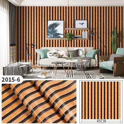 仿真木纹护墙木饰木条格栅墙纸自粘墙贴电视背景墙纸高级感壁纸图3