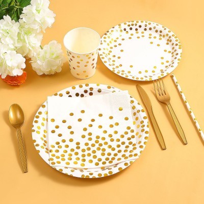 跨境现货烫金点点单款纸盘纸杯纸巾刀叉勺一次性生日纸盘套装波点图2