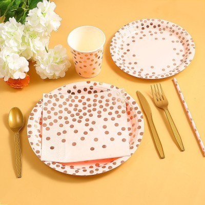 跨境现货烫金点点单款纸盘纸杯纸巾刀叉勺一次性生日纸盘套装波点图5