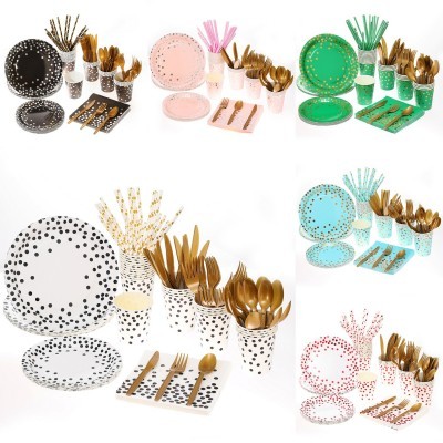 跨境现货烫金点点单款纸盘纸杯纸巾刀叉勺一次性生日纸盘套装波点图4