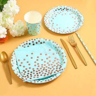 跨境现货烫金点点单款纸盘纸杯纸巾刀叉勺一次性生日纸盘套装波点图3