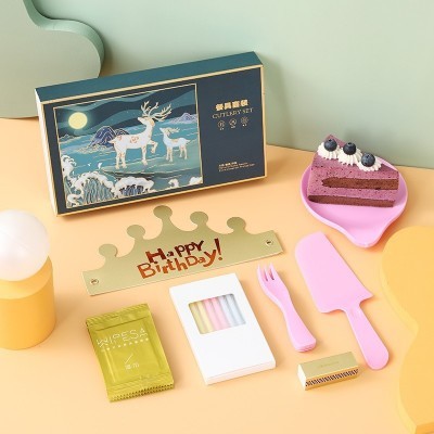 一次性餐具高档生日蛋糕刀叉盘餐具套装 塑料7合一刀叉组合抽屉盒图2