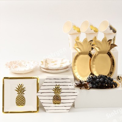 菠萝型一次性纸盘子蛋糕纸碟加厚可降解纸餐盘 生日party派对餐具图2