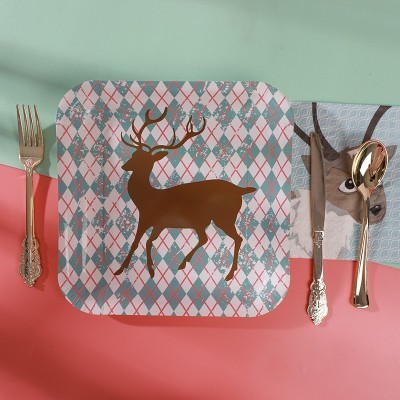 小清新圣诞主题纸杯纸盘套装 方形麋鹿圣诞树图案一次性餐具用品