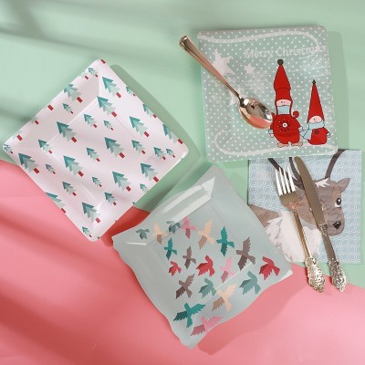 小清新圣诞主题纸杯纸盘套装 方形麋鹿圣诞树图案一次性餐具用品图2