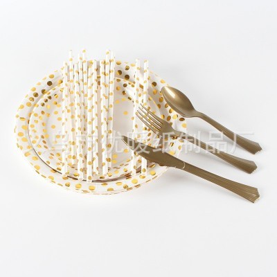 现货白色烫金圆点派对餐具加厚纸盘刀叉勺纸巾装饰生日派 对套装图3