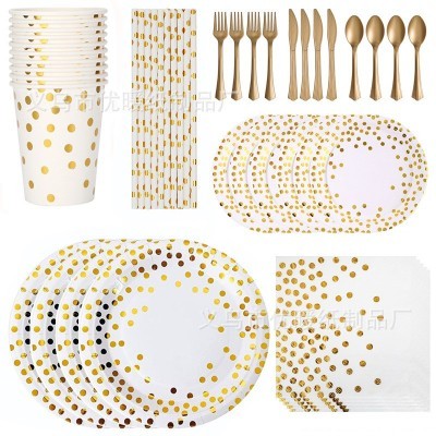 现货白色烫金圆点派对餐具加厚纸盘刀叉勺纸巾装饰生日派 对套装图4