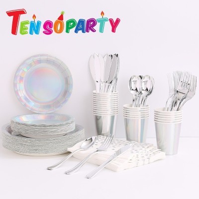 外贸生日派对一次性亚马逊平台彩色镭射纸盘纸杯野餐餐具套装用品图4