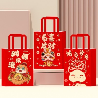 新年创意手提礼品袋春节牛皮纸袋现货批发红色喜庆手提袋年货包装图2