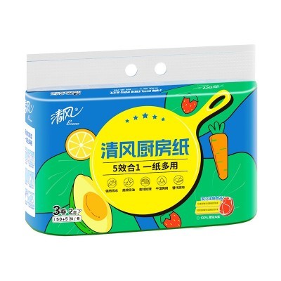 清风厨房卷纸纸巾2层55段/卷3卷一提家庭优惠装酒店饭店超市同款图2