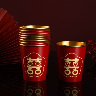 结婚一次性纸杯子金箔加厚婚礼喜杯婚宴水杯家用红色婚庆敬茶杯图2