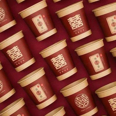 一次性喜杯子订婚宴结婚纸杯红色喜字水杯婚礼敬茶杯婚庆用 品批发