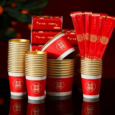 结婚金箔纸杯一次性喜杯子加厚订婚宴敬茶杯红色水杯50个一包代发图2