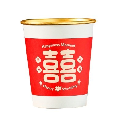 结婚金箔纸杯一次性喜杯子加厚订婚宴敬茶杯红色水杯50个一包代发图4