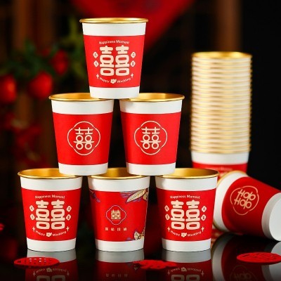 结婚金箔纸杯一次性喜杯子加厚订婚宴敬茶杯红色水杯50个一包代发图3