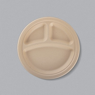 批喜宴酒席一次性环保甘蔗浆餐盒三格圆形餐盘加厚可降解餐具餐碟图4