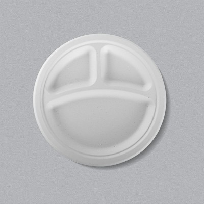 批喜宴酒席一次性环保甘蔗浆餐盒三格圆形餐盘加厚可降解餐具餐碟图3