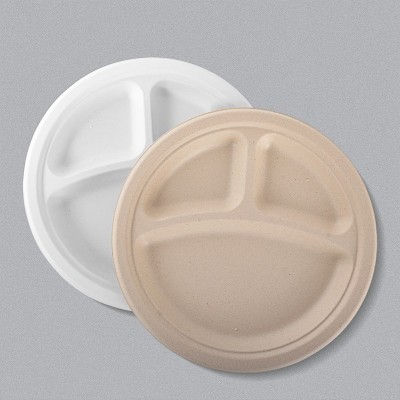 批喜宴酒席一次性环保甘蔗浆餐盒三格圆形餐盘加厚可降解餐具餐碟图5