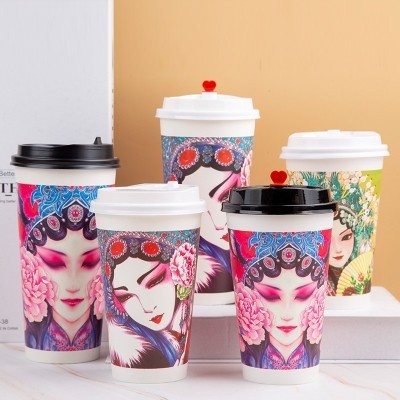 一次性奶茶纸杯双PE网红国潮奶茶打包500ml700ml加厚热饮冷饮纸杯图2