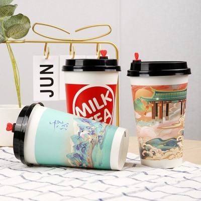 一次性奶茶纸杯双PE网红国潮奶茶打包500ml700ml加厚热饮冷饮纸杯图3