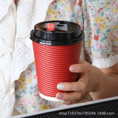 一次性纸杯双层加厚红色瓦楞杯黑色咖啡纸杯奶茶外卖打包 杯带盖图3