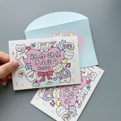 源头工厂手写节日祝福贺卡定制 闪膜特种纸卡通创意生日贺卡信封图4
